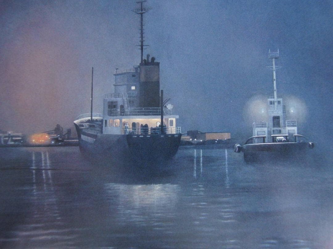 石井基善、【夜の千葉港】、希少な額装用画集より、新品額装付