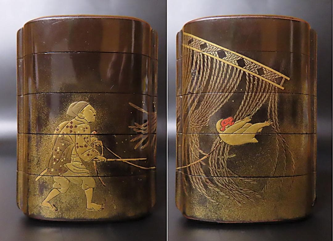 猿回し蒔絵印籠（根付　猿）