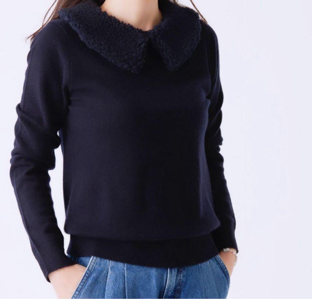 シーマリーcccmalie カシミアファー襟長袖ニット ネイビー 38