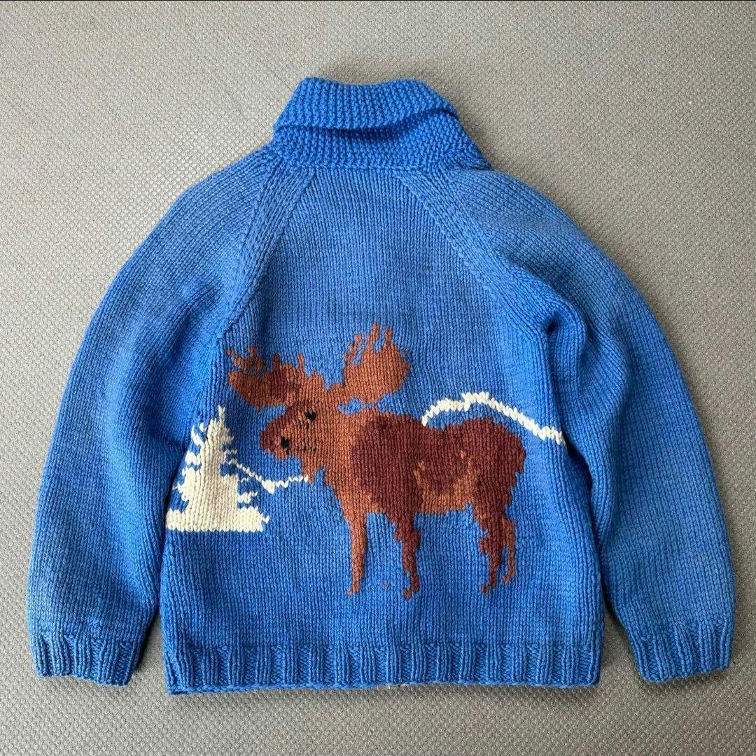 よ*様 カウチンセーター 動物柄 ムース ヘラジカ フルジップ 裏地付 ラグラン