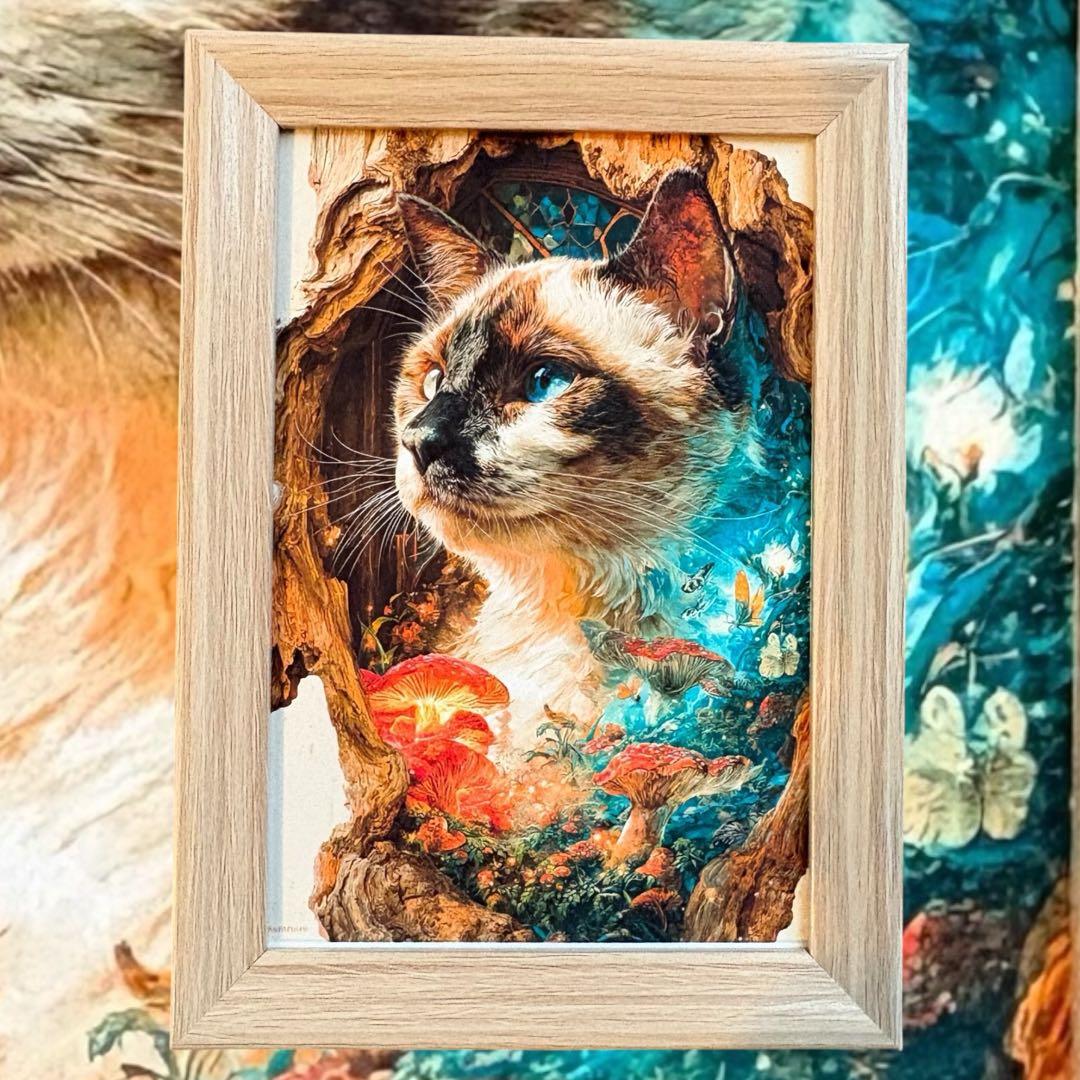 猫 アート 額装付 幻想的 扉 シリーズ02 シャム猫 ポストカード 癒し