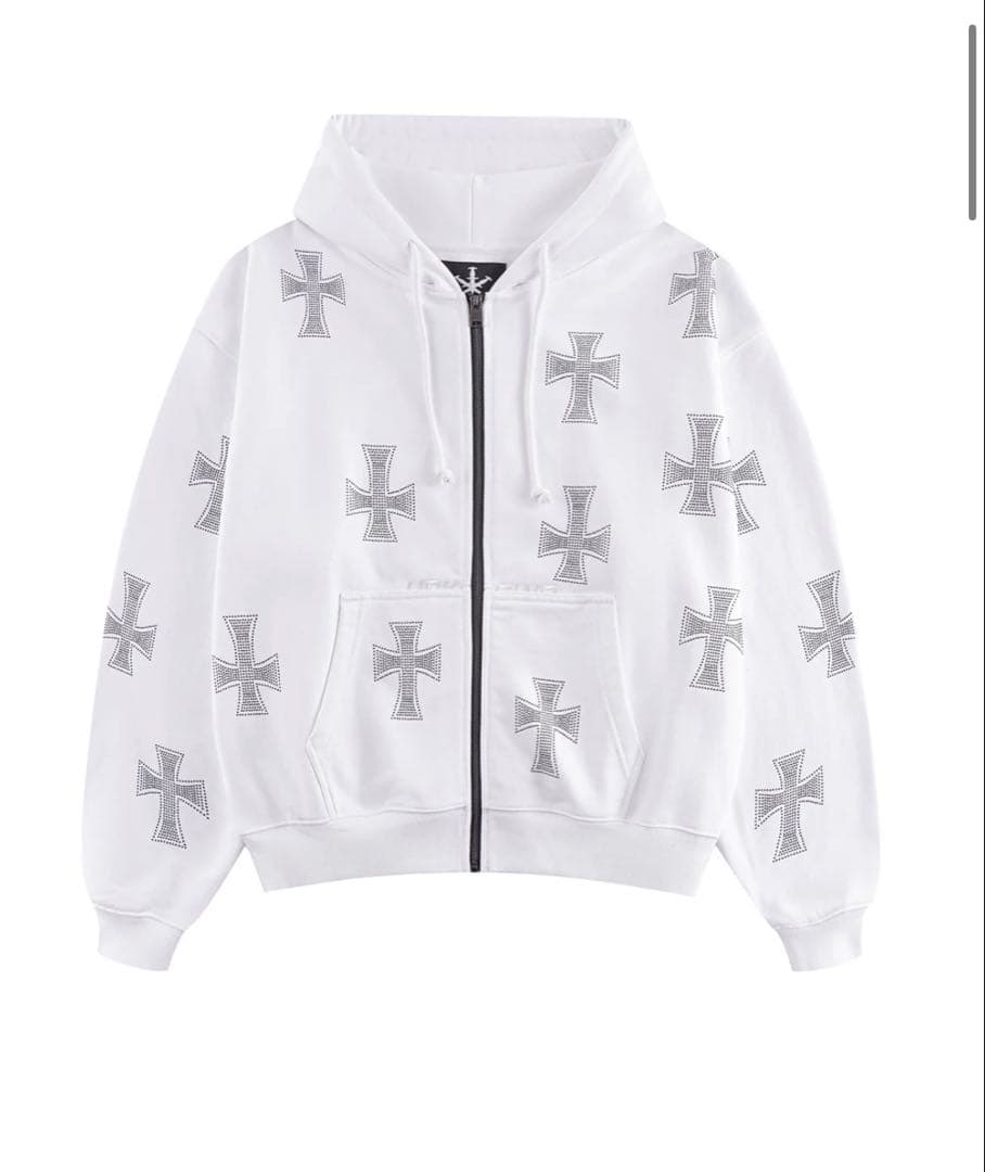 つ*よ様 【超希少】White Cross Rhinestone Zip Hoo