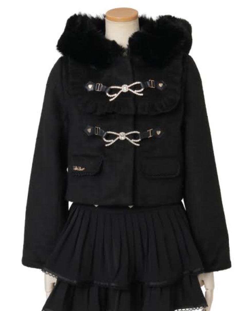 LIZLISAデザイン ビジューリボン付きショートコート フードコート