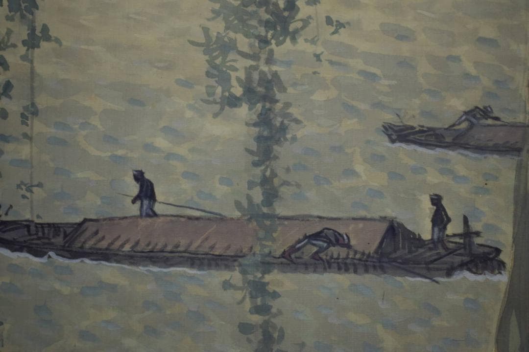 真作/春湖/柳景舟図/布袋屋掛軸HF-273