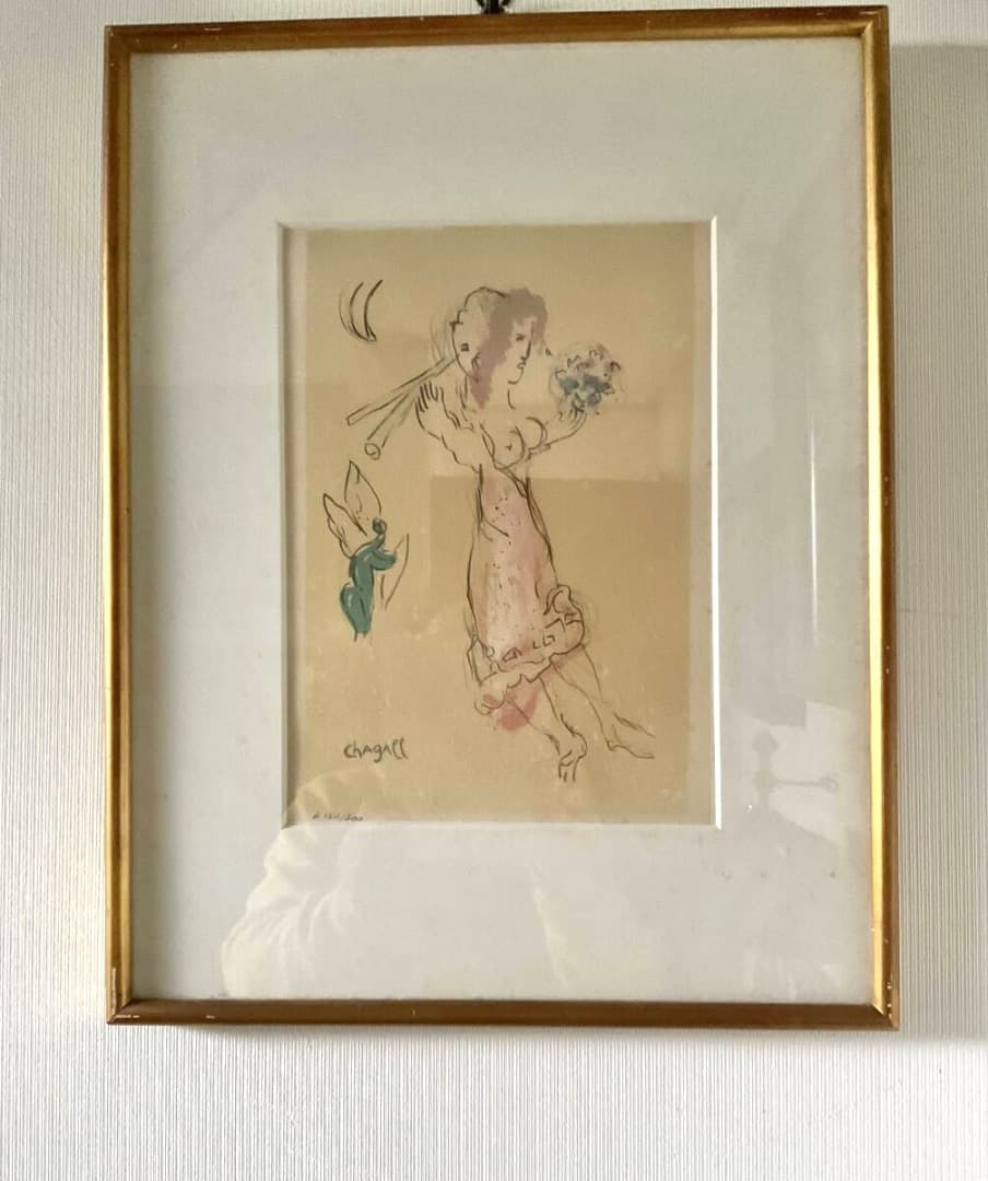 シャガール　エスタンプリトグラフ　赤金額装　ガラス、アクリルなし