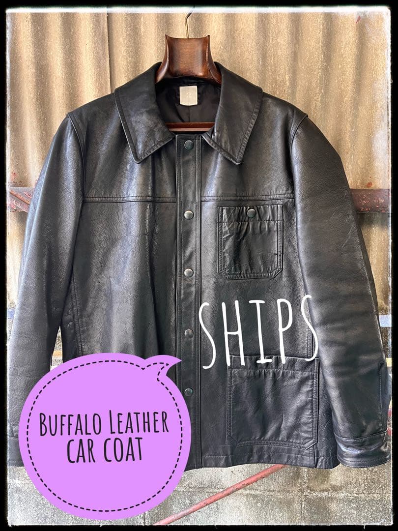 SHIPSシップス　バッファローレザーカーコートMブラック