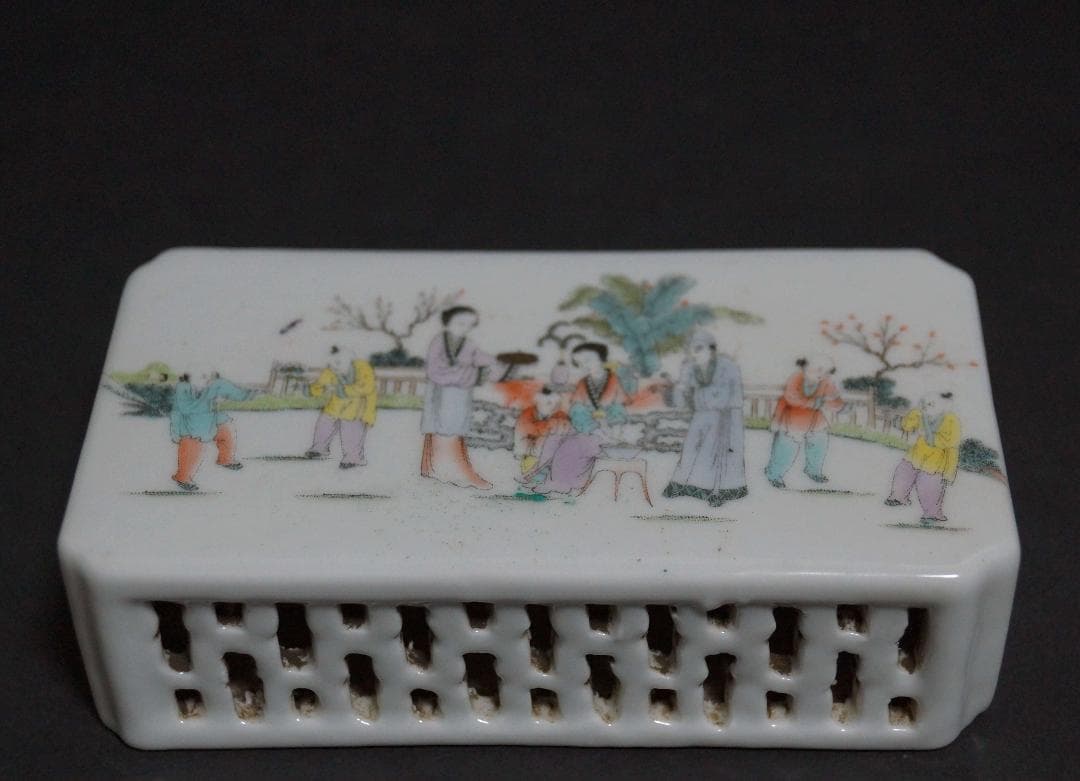 書道具 粉彩色絵『人物風景図』透かし彫り文鎮 文房具 飾り置物★時代物★