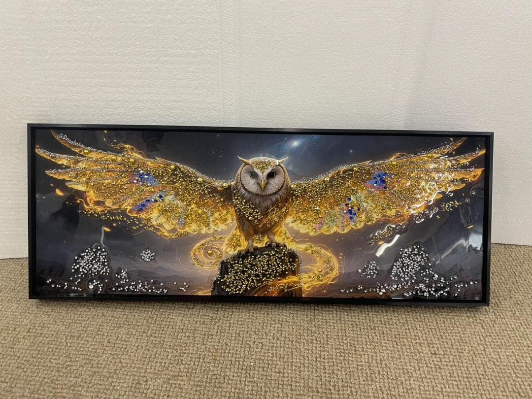 水晶絵　アートパネル　フクロウ　梟　不苦労　クリスタル　立体　絵画　アート　幸運