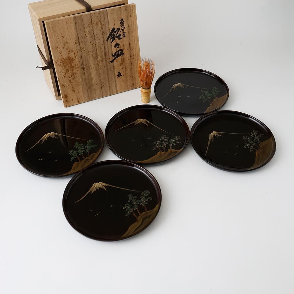 木製漆器 勇介塗 松に富士 色絵蒔絵 銘々皿 五客 共箱 茶道具 菓子器