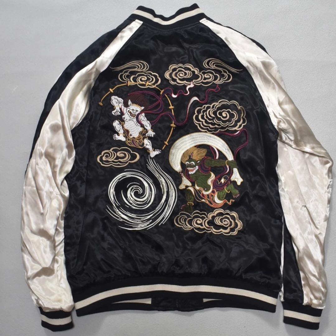 未使用級 花旅楽団 スカジャン 風神雷神 リバーシブル 刺繍 黒×白 L 和柄 未使用級 花旅楽団 スカジャン 風神雷神 リバーシブル 刺繍 黒×白 L 和