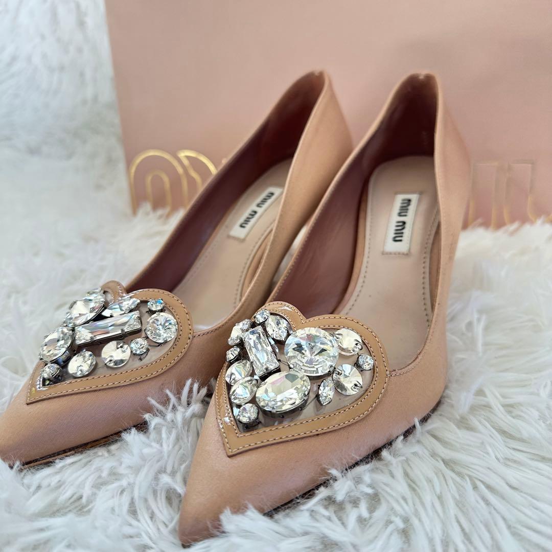 【美品】ミュウミュウ miumiu ハート　ビジュー　ピンク パンプス35