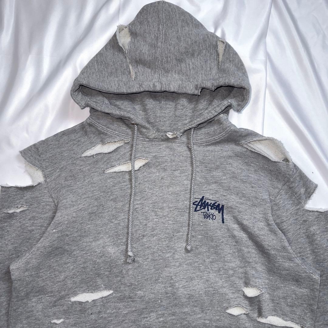 Stussy ダメージ加工 グレー パーカー - メルカリ