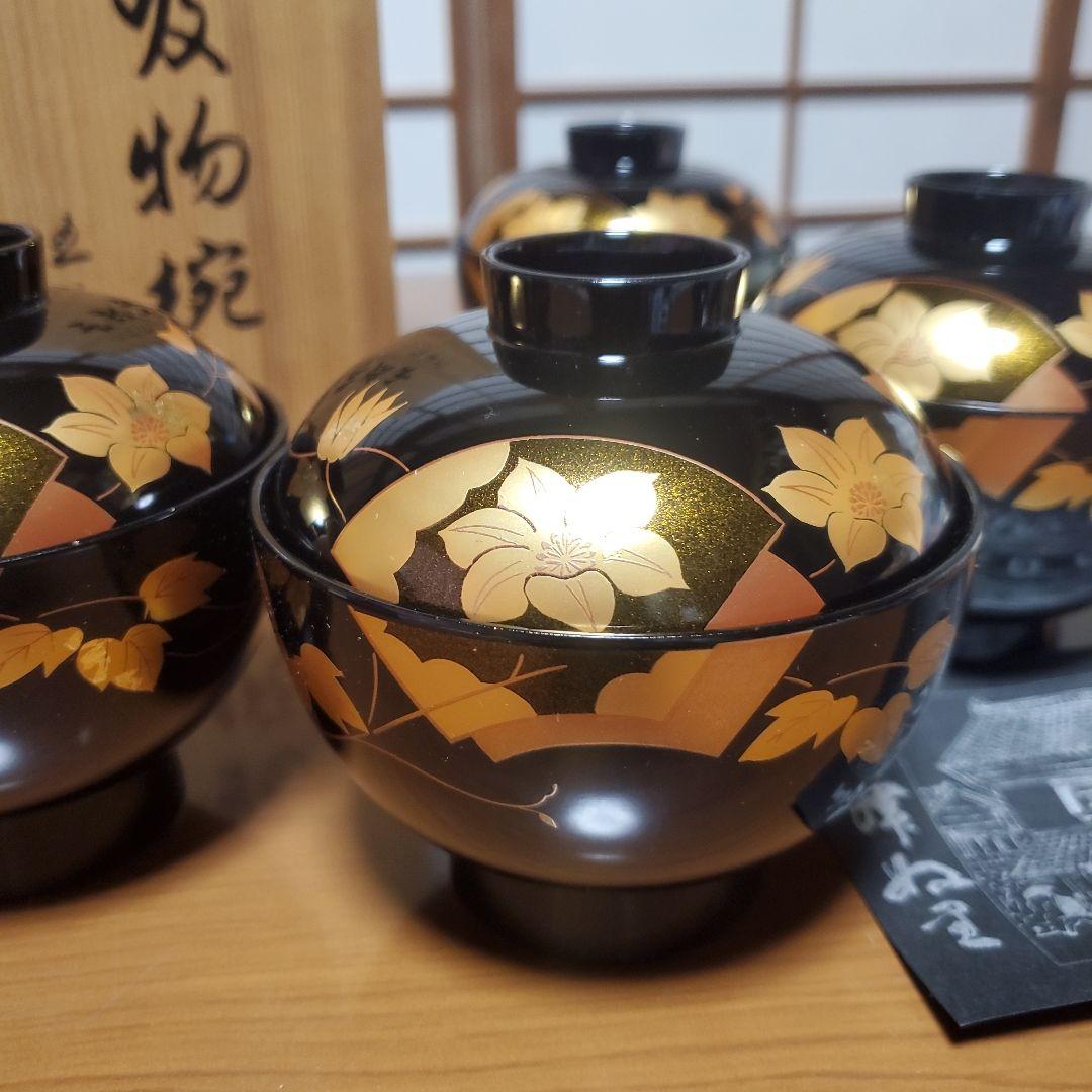 会津塗】漆器 汁椀 金箔装飾 扇面 鉄仙 木箱付き 5客 - メルカリ