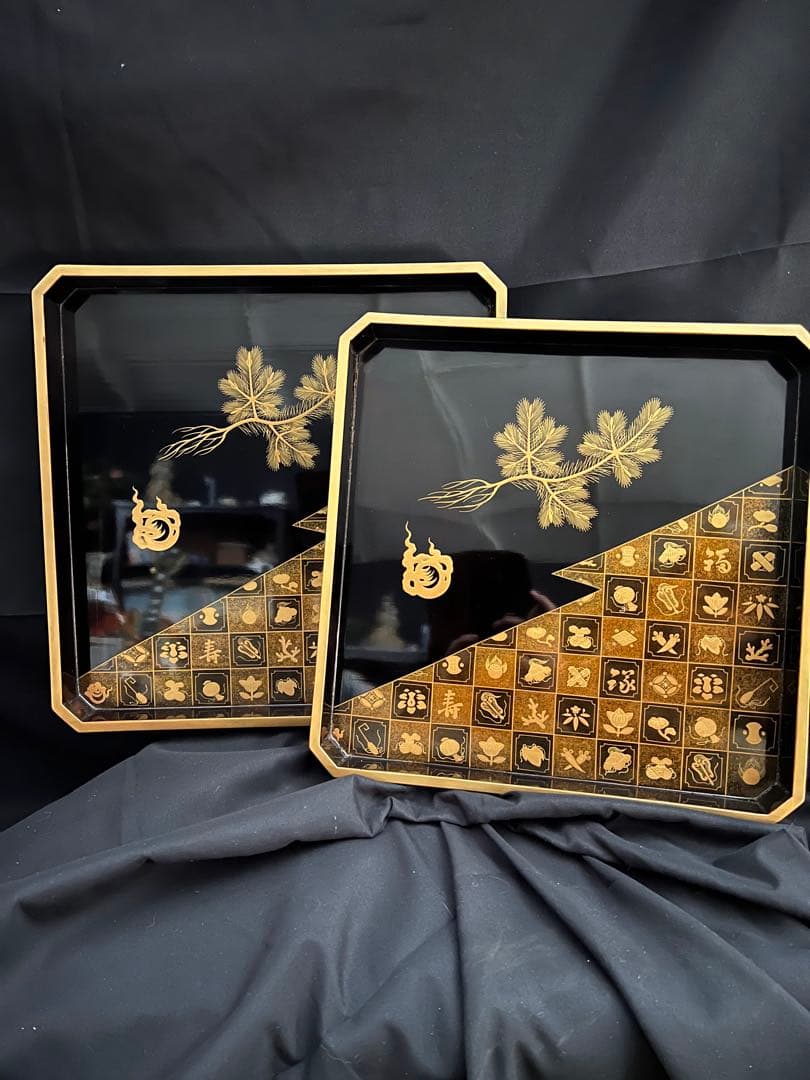 重ね盆　蒔絵　四角盆　共箱あり「福、寿」トレー お盆 和食器 レトロ お膳