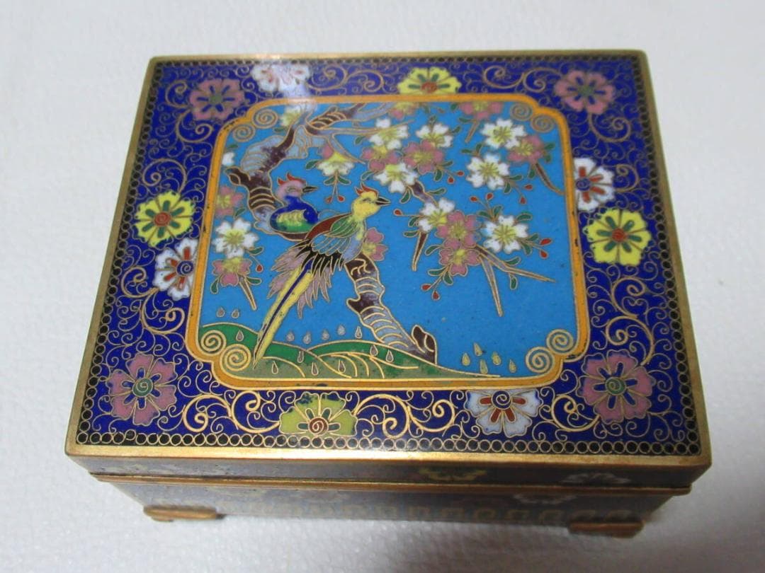 希少 明治30年◆京七宝 稲葉七宝 内金鍍金(竹/雀) 外観(花鳥図) 小物入れ