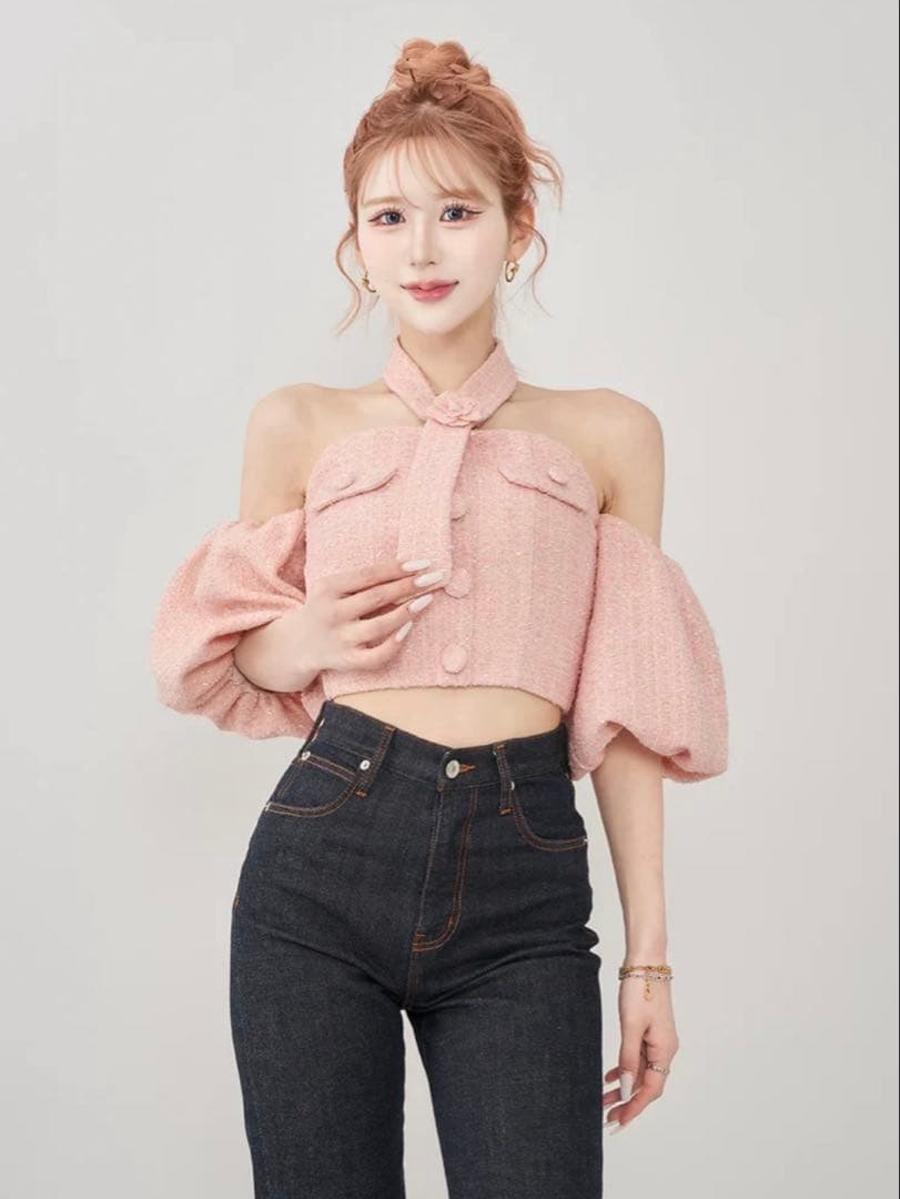 Darich ホルターネックオフショルツイードトップス　pink ダーリッチ Darich ホルターネックオフショルツイードトップス