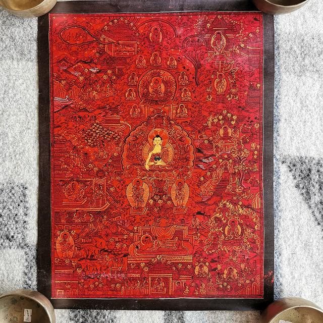 ブッタライフストーリー　ブッタの生涯：手描き　タンカ　仏画（額縁なし）