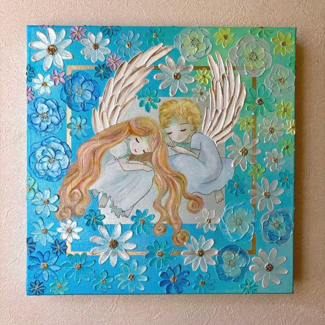 天使の安らぎ 原画｜テクスチャーアート・癒しのインテリア絵画 30cmスクエア テクスチャーアート 眠る天使の絵 F3サイズ アクリル画 原画 癒しの