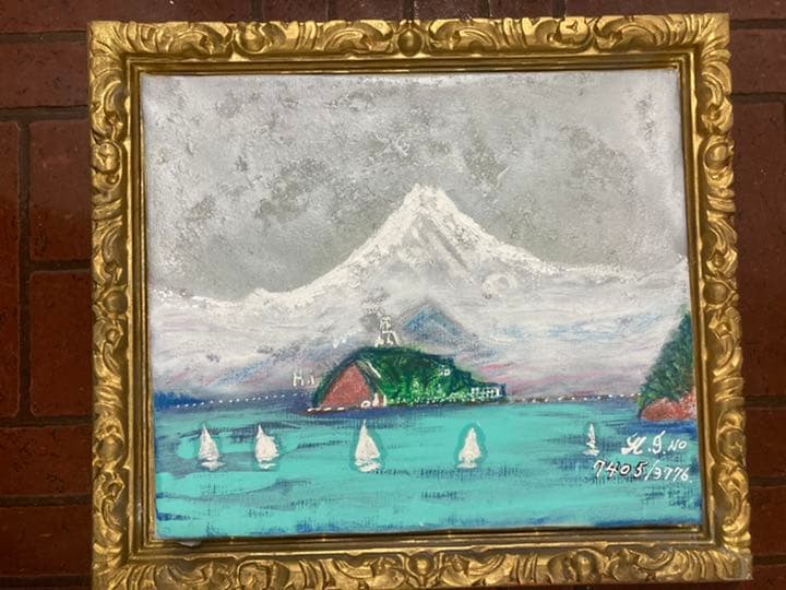 富士山曼荼羅図、空飛ぶ画家糸川裕志の油絵、F8号 幻想絵画、空飛ぶ画家糸川裕志の富士山曼荼羅の一点、色紙サイズ、