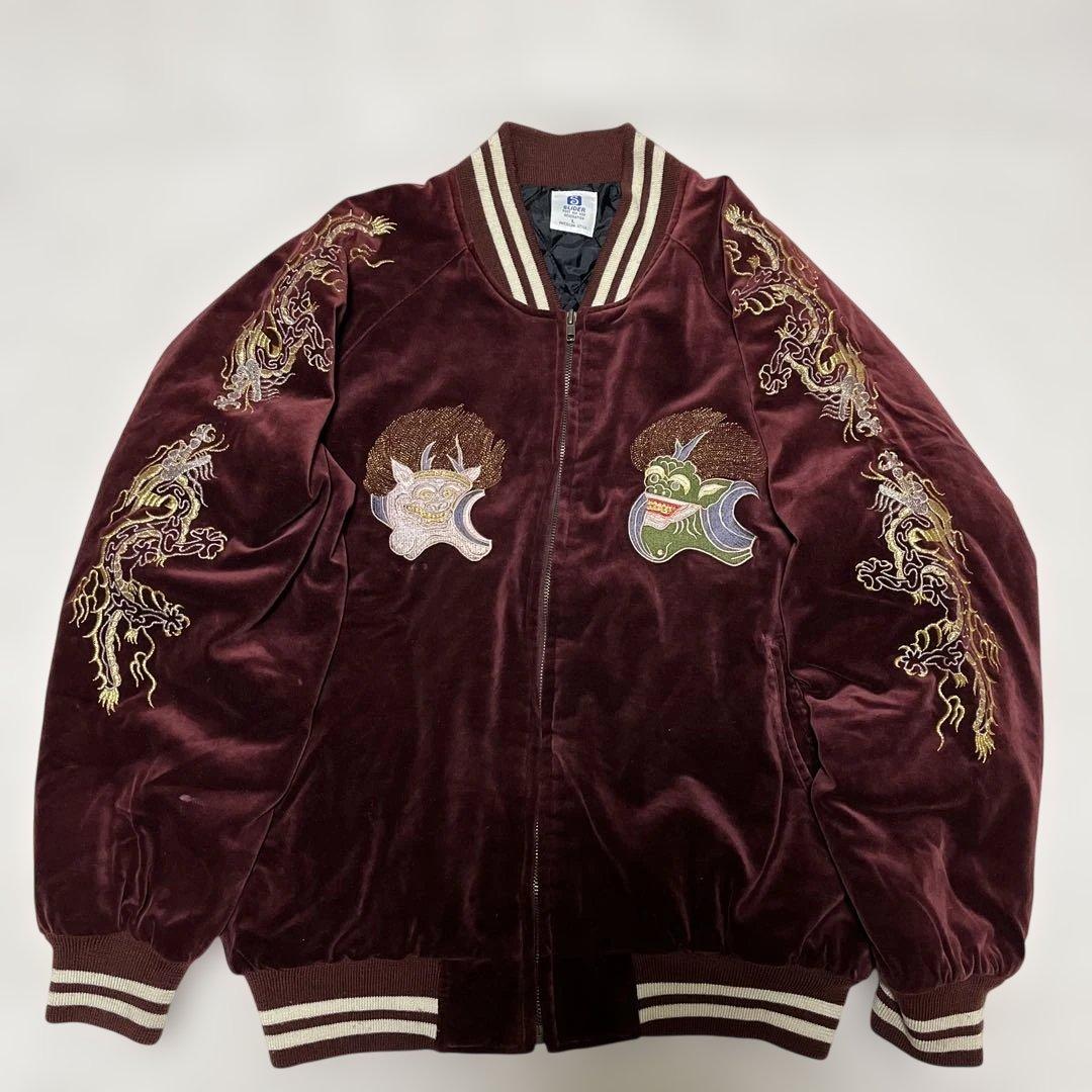SLIDER風神雷神刺繍 スカジャン ブルゾン ベルベット ワインレッド