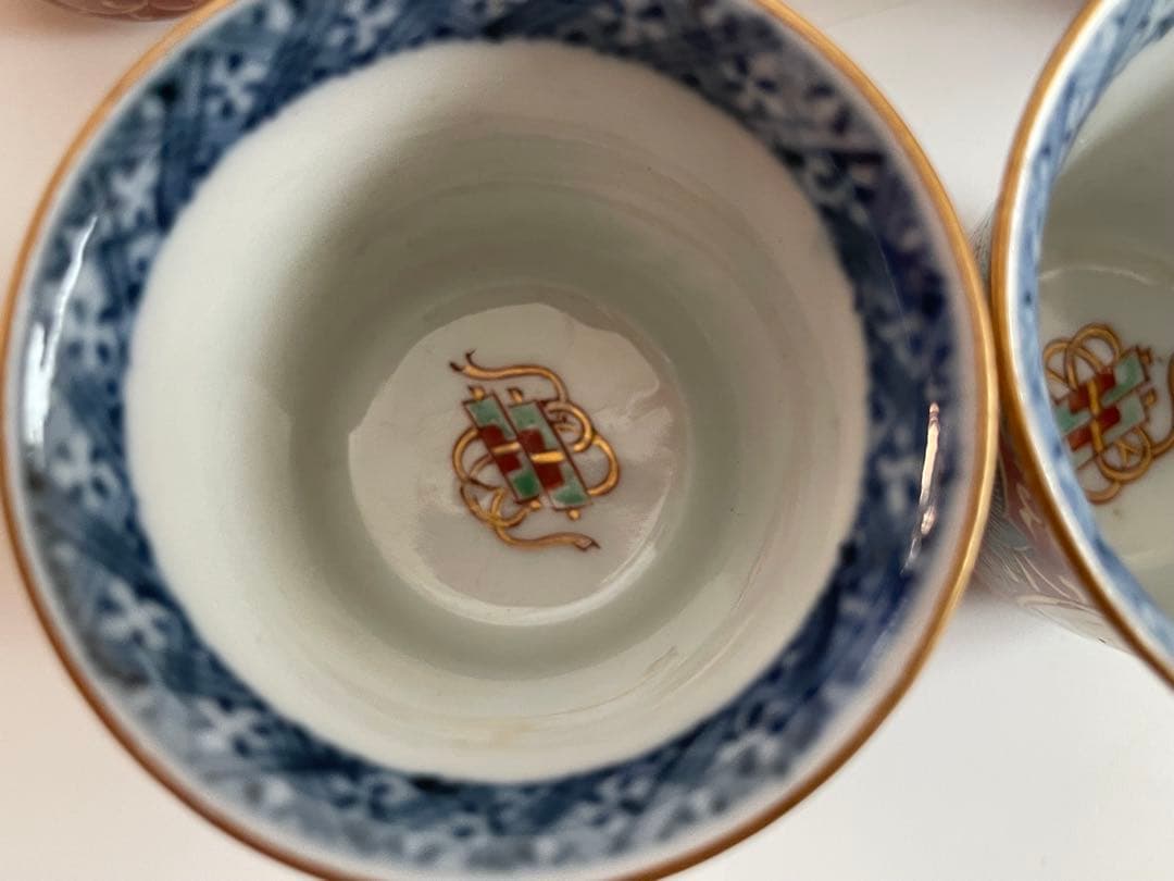 骨董 アンティーク 古伊万里 大聖寺伊万里 色絵 唐草鯉図 筒盃 猪口 五客