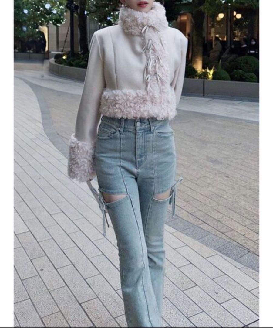 RESEXXY カットアウトリボンデニムパンツ ライトブルー M