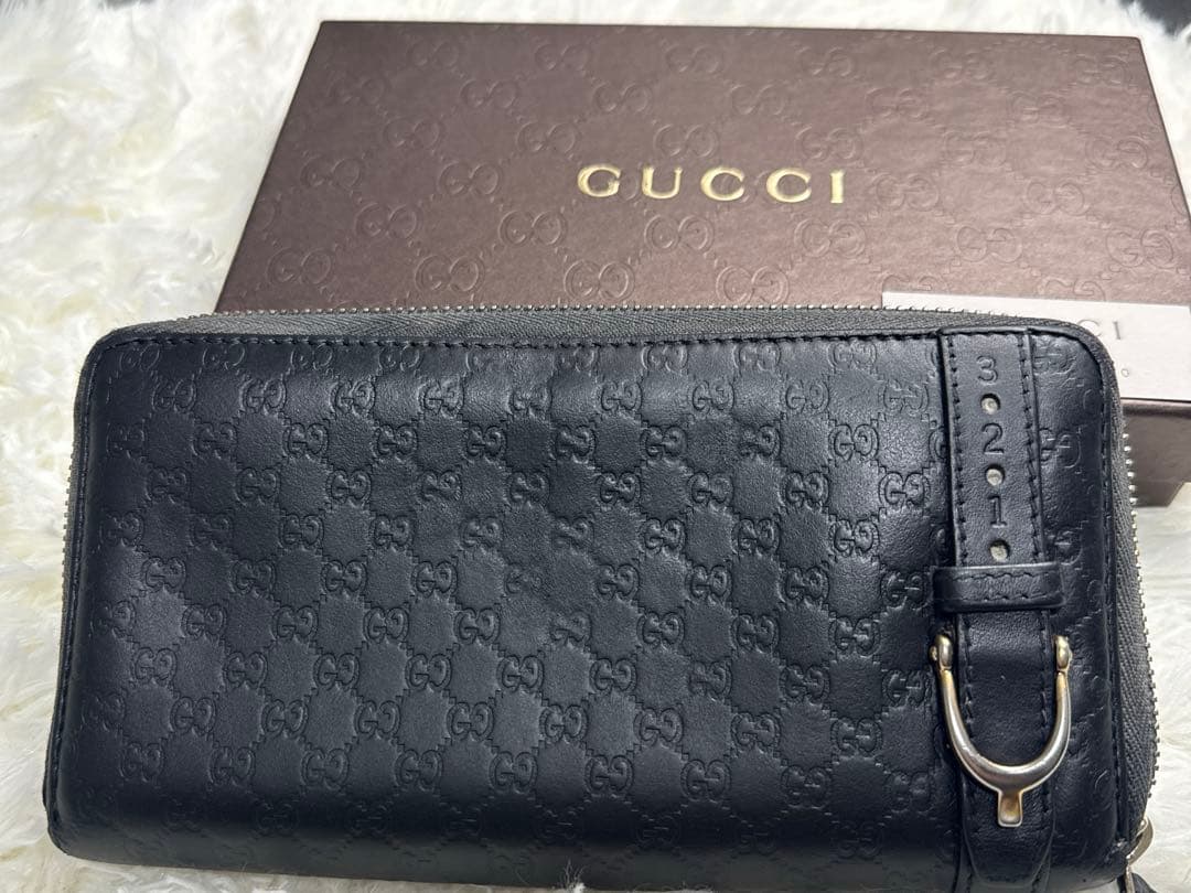 GUCCI グッチ 長財布 黒 財布 シマレザーマイクロシマ　ウォレット箱付き