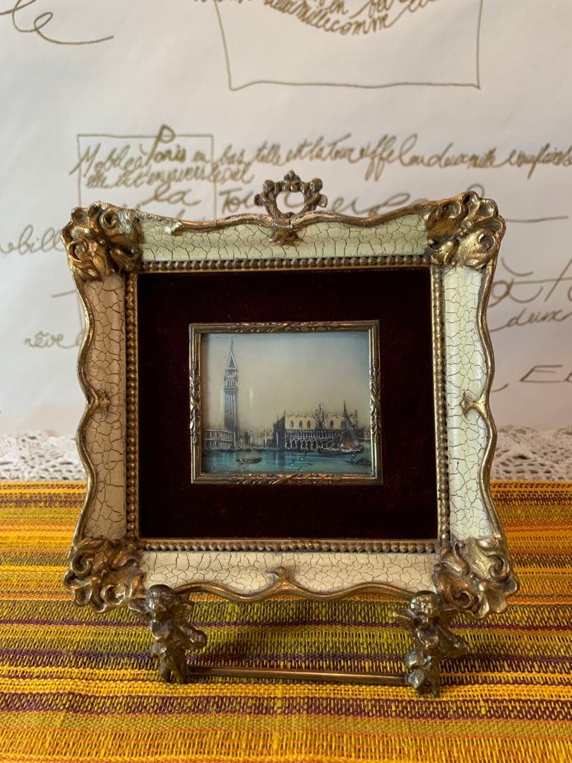 デンマーク雑貨　アンティークのベネツィアの風景が細かく描かれた趣の有る小さな額！