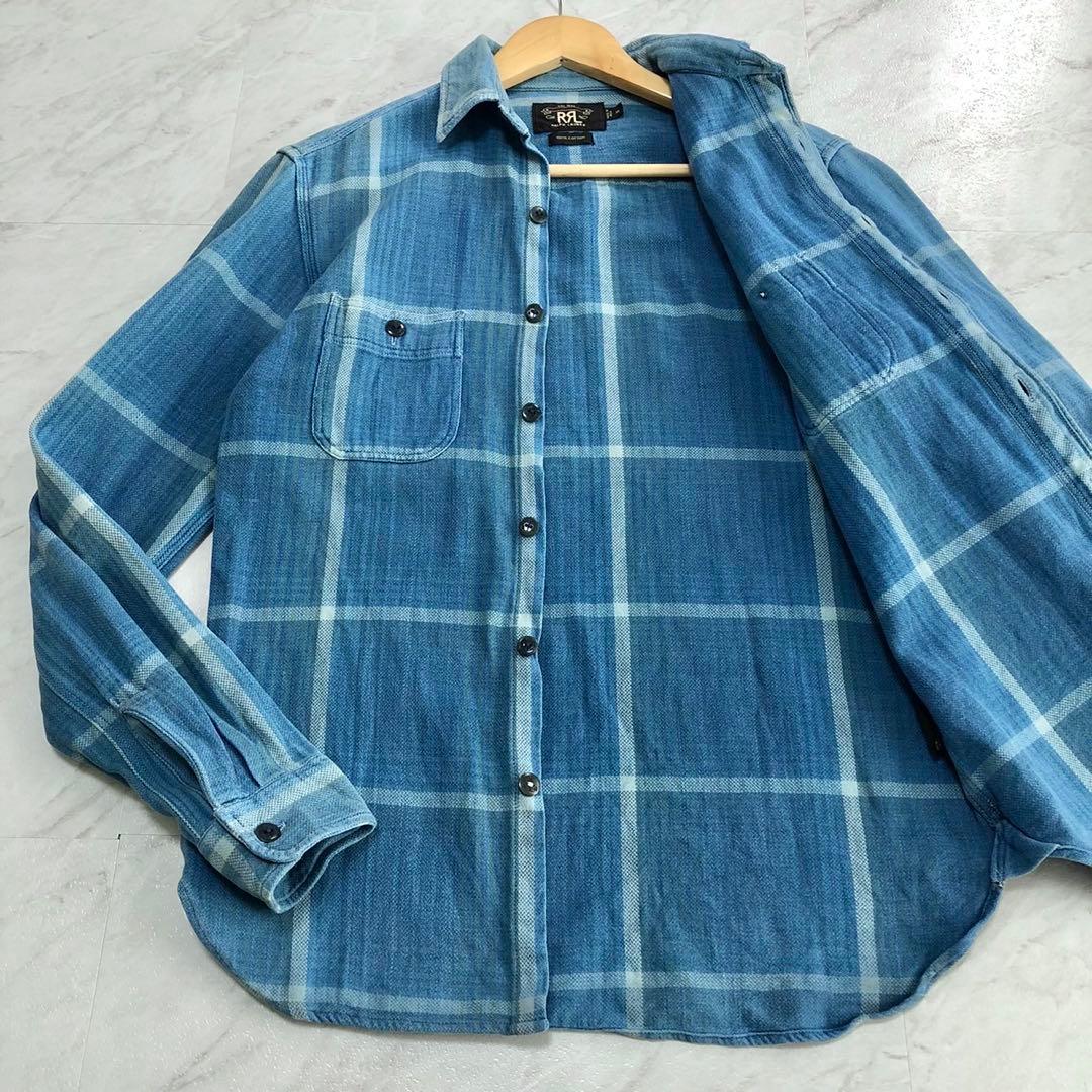 【希少】RRL ヘビー フランネル インド コットン チェック ブルー XS 古着 80s St John's Bay ブルー × ブラック ブロック チェック ヘビー