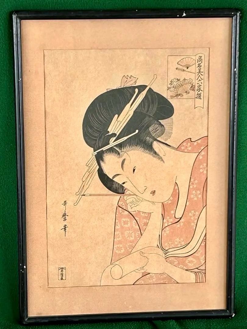 (骨董)浮世絵 喜多川歌麿「高名美人六家族」近江屋　ガラス額装