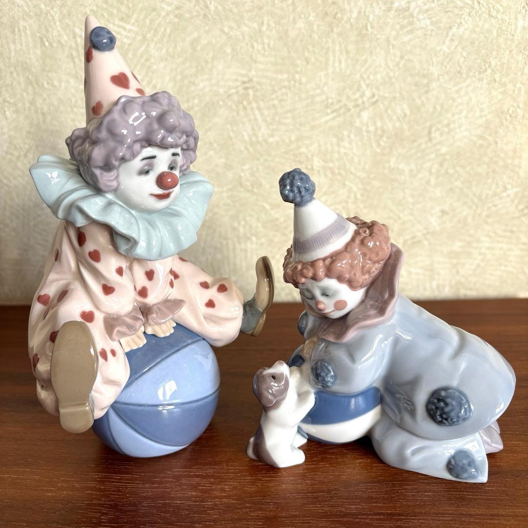 リヤドロ　陶磁器　ピエロと仔犬の置物２個セット