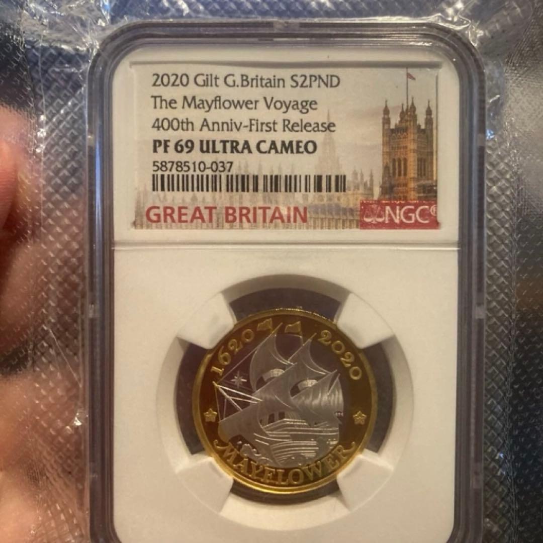 イギリス 2ポンド銀貨☆メイフラワー号航海400周年／未使用／NGC PF69