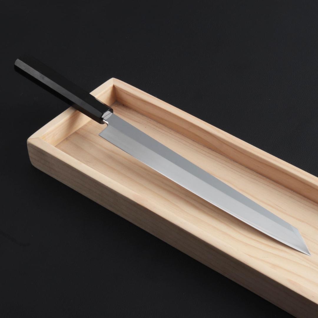 8752切付柳刃包丁9寸鏡面仕上げ刺身包丁 刃は究極の切れ味 黒檀黒水牛角八角柄