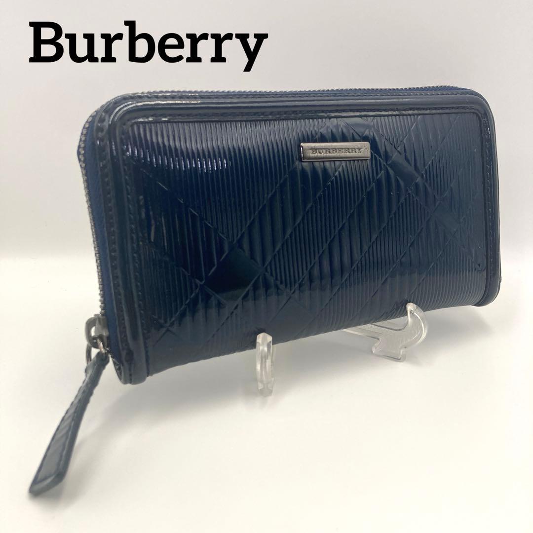 ✨極美品✨ バーバリー ラウンドジップ 長財布 レザー ネイビー チェック柄