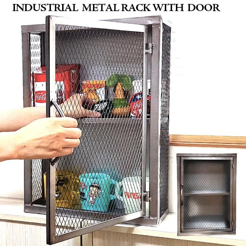 ラック 雑貨収納 ドア付き 家具 インダストリアルメタル 二段 壁掛け 小物入れ