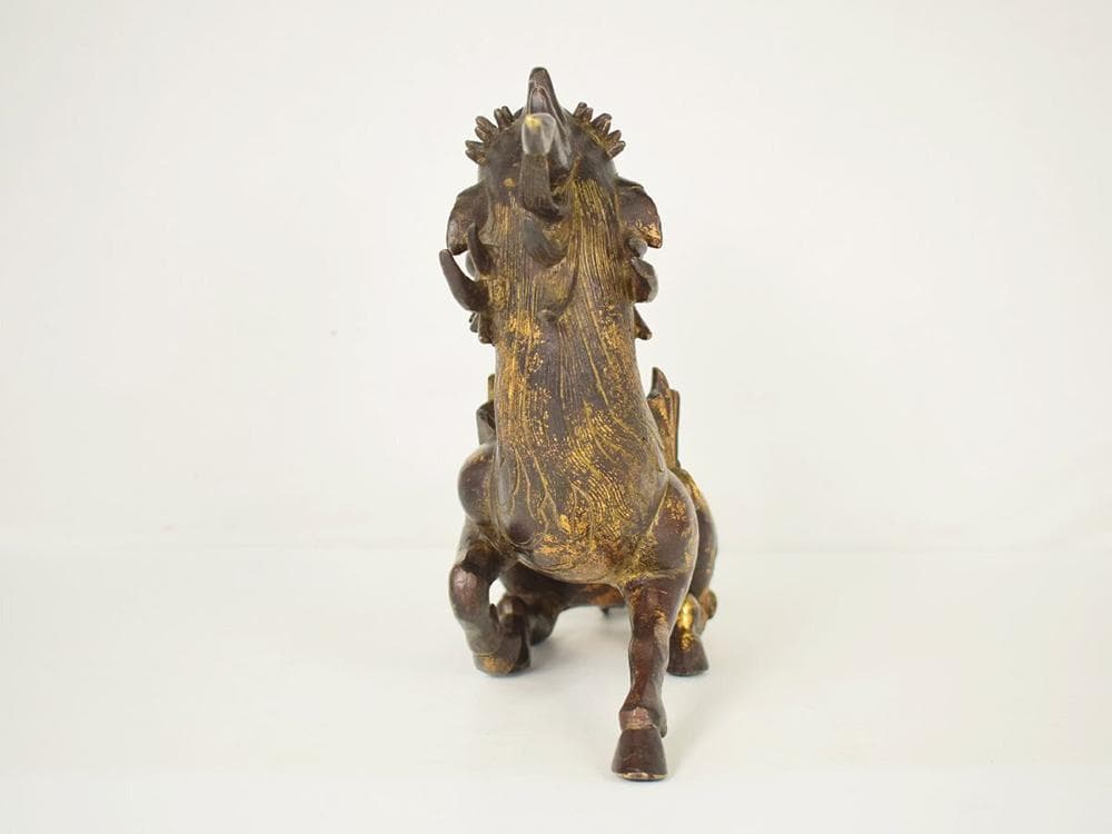 銅】 ☆ 文房 銅鍍金坐姿獬豸造像 ☆ 清朝期 伝説神獣 細密鋳造 雅玩雑