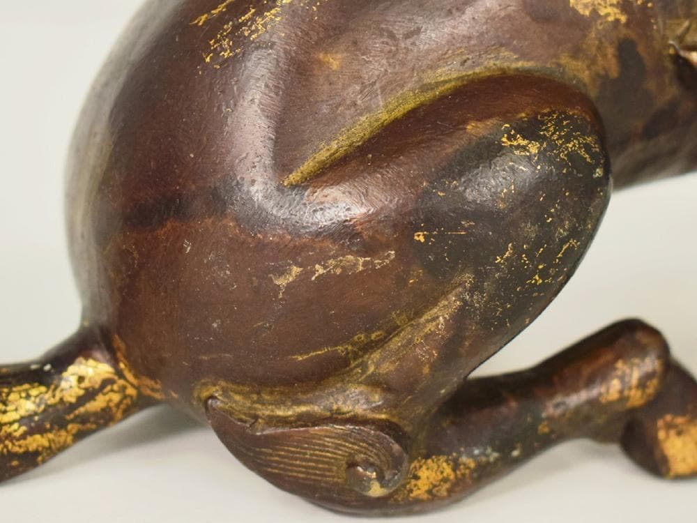 銅】 ☆ 文房 銅鍍金坐姿獬豸造像 ☆ 清朝期 伝説神獣 細密鋳造 雅玩雑