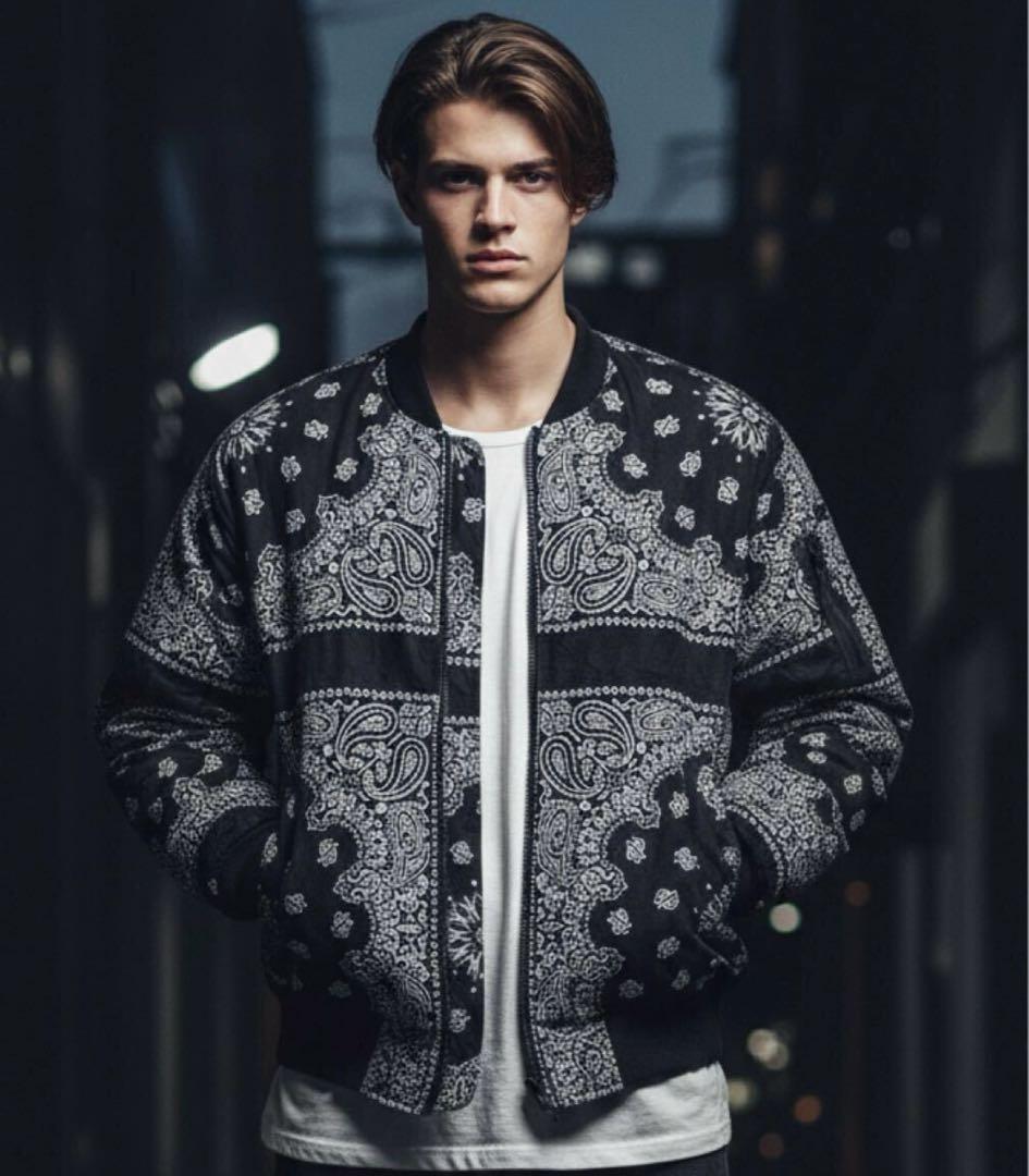 ペイズリー柄　ジャケット オーバーサイズブルゾン 黒×白 XXL BLK