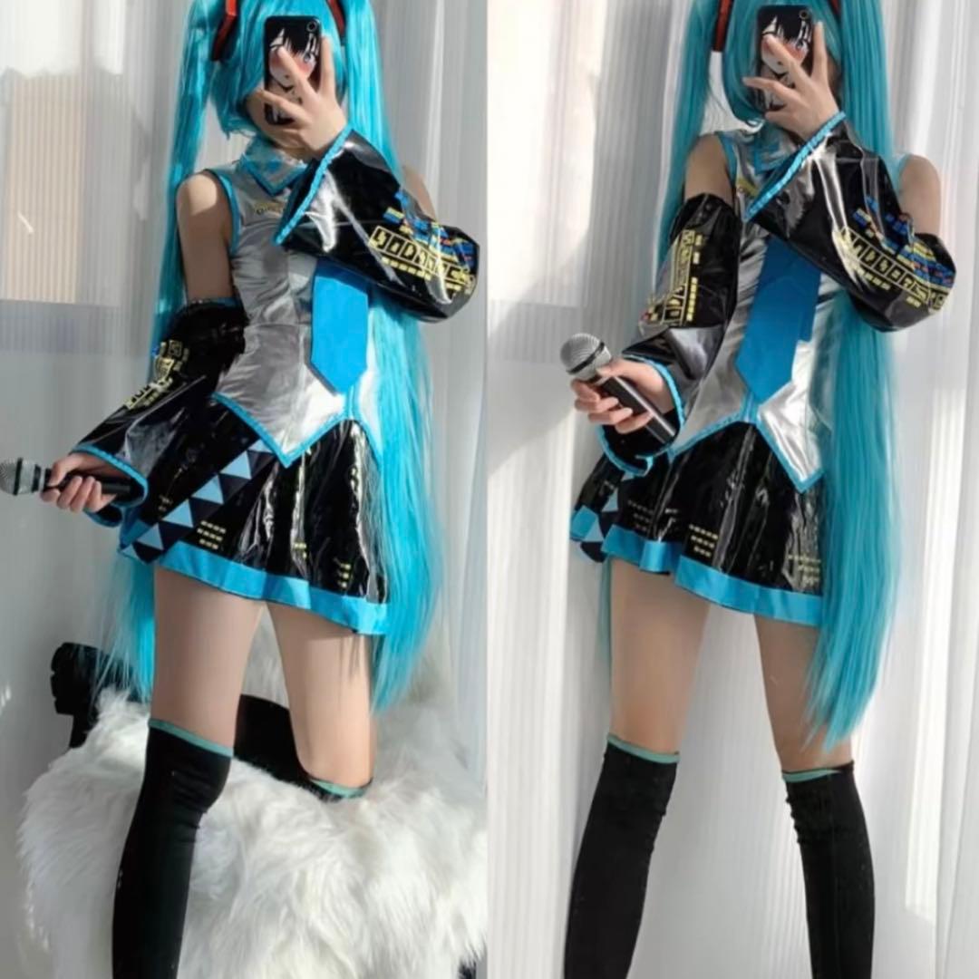 S] 初音ミク コスプレ 衣装 ウィッグ ヘッドホン タトゥー フルセット