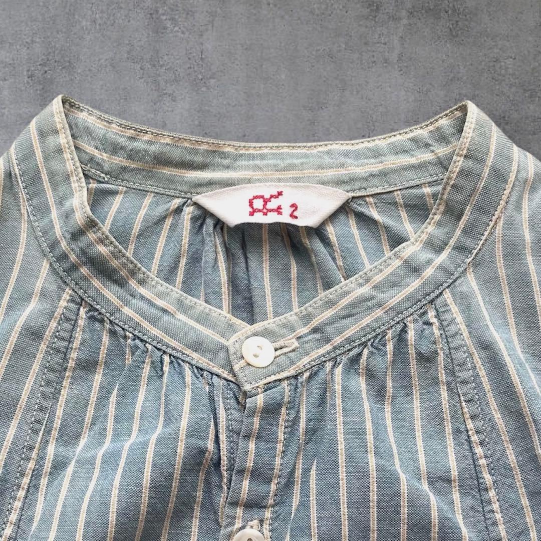 45R インディゴ ストライプ ドロスト バンドカラー ロゴ刺繍 羽織り