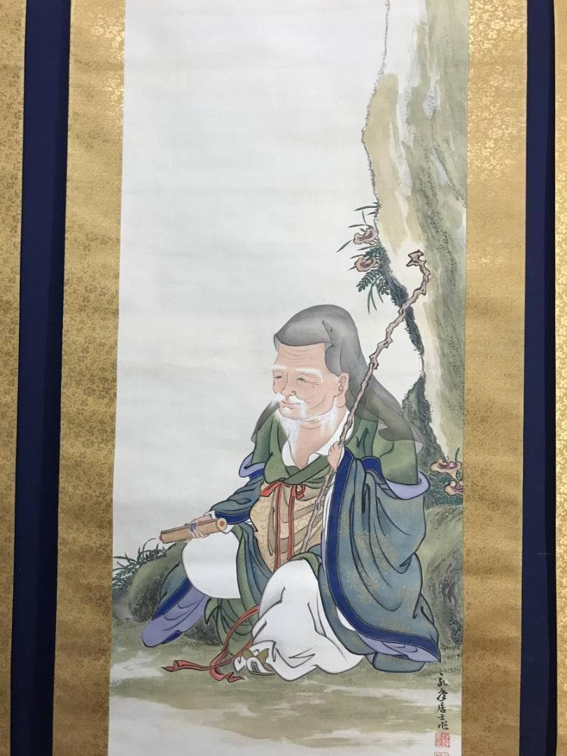 真作】永年/寿老人竹鶴図/人物図/花鳥図/三幅対/掛軸/名家伝来/AC-787