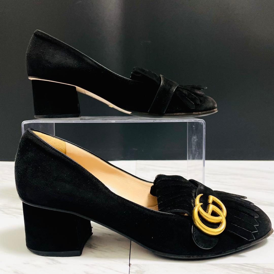 GUCCI GGマーモント フリンジ パンプス スエード 黒 25.5cm