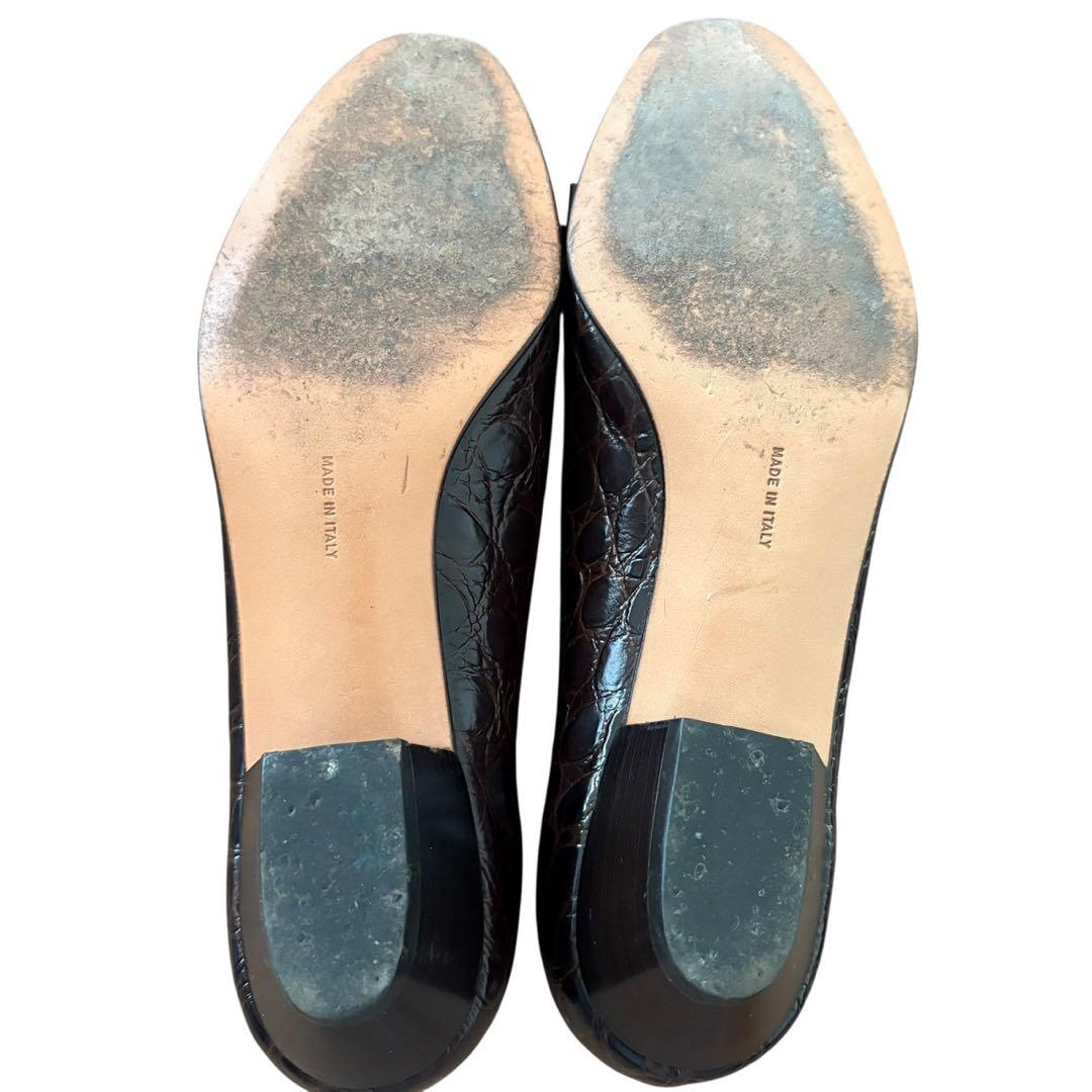 パンプス フェラガモ クロコ型押し ブラウン 6 リボン Ferragamo