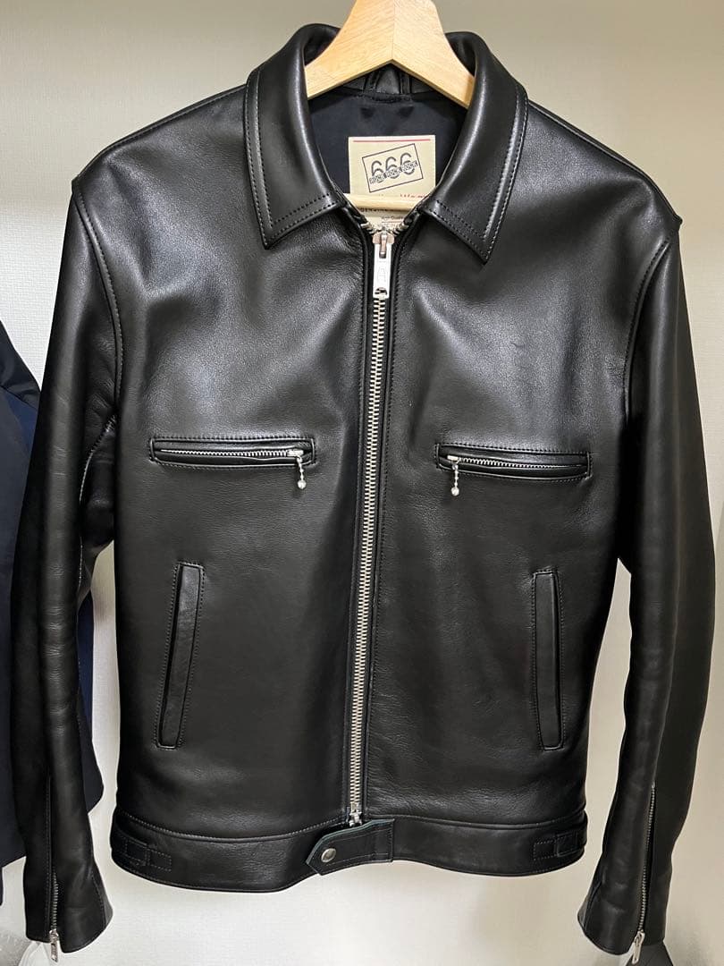 5351プールオム☆襟付き牛革シングルライダースジャケット2黒レザー