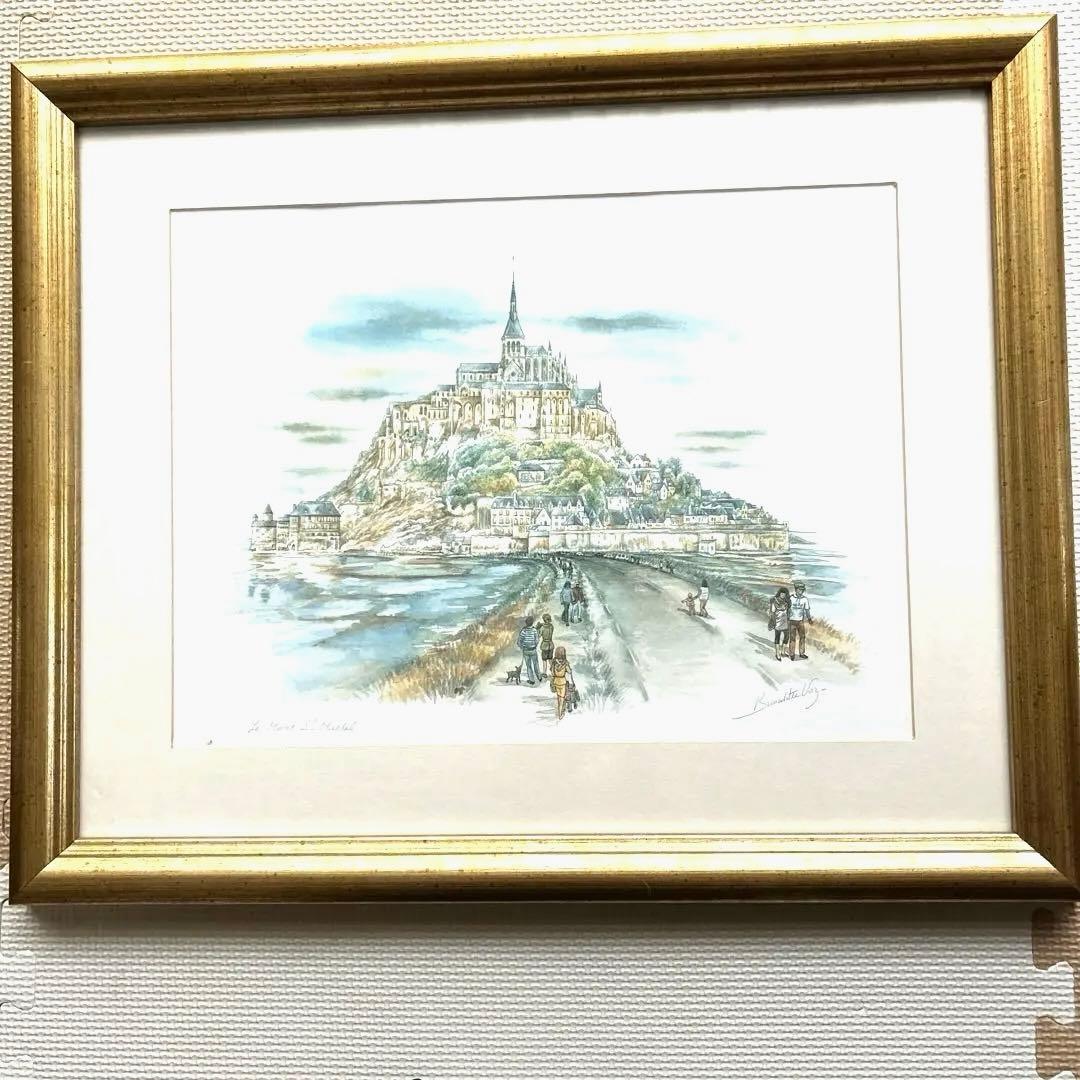モンサンミシェル　 水彩画作家　B. Stelling 金色フレーム