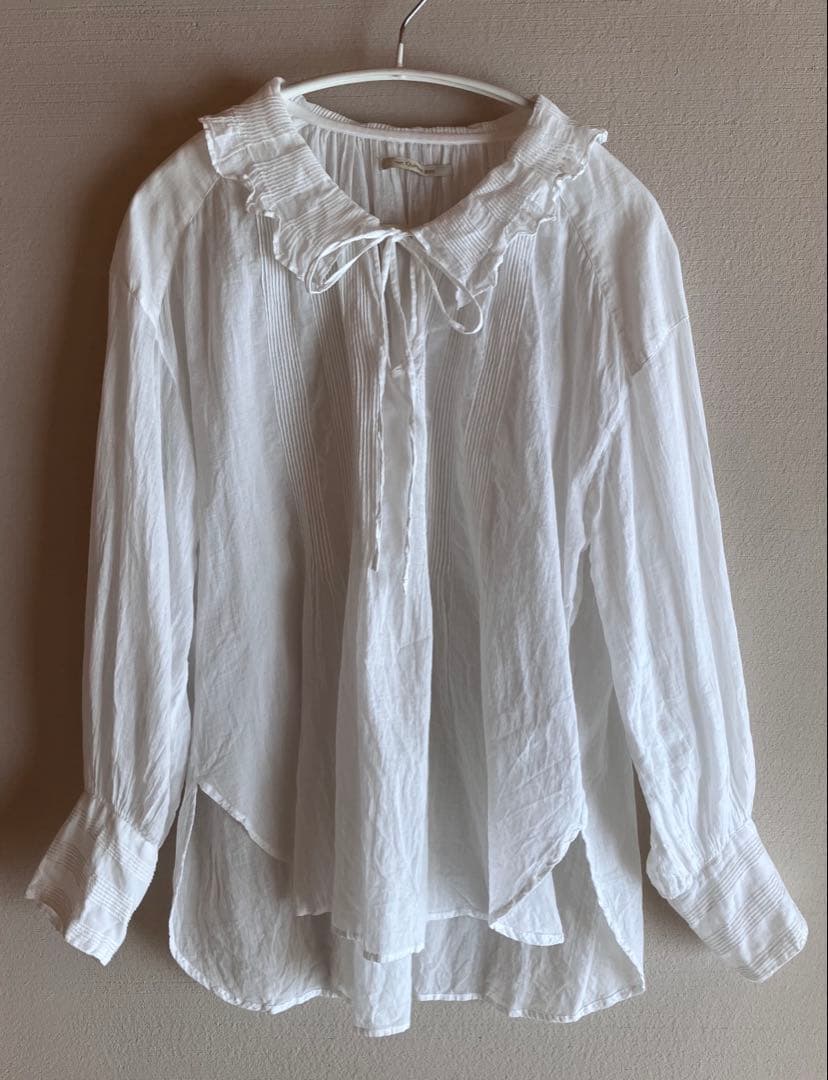 ヌキテパ　五明祐子さんコラボ　衿フリルブラウス　シアー　コットン　白
