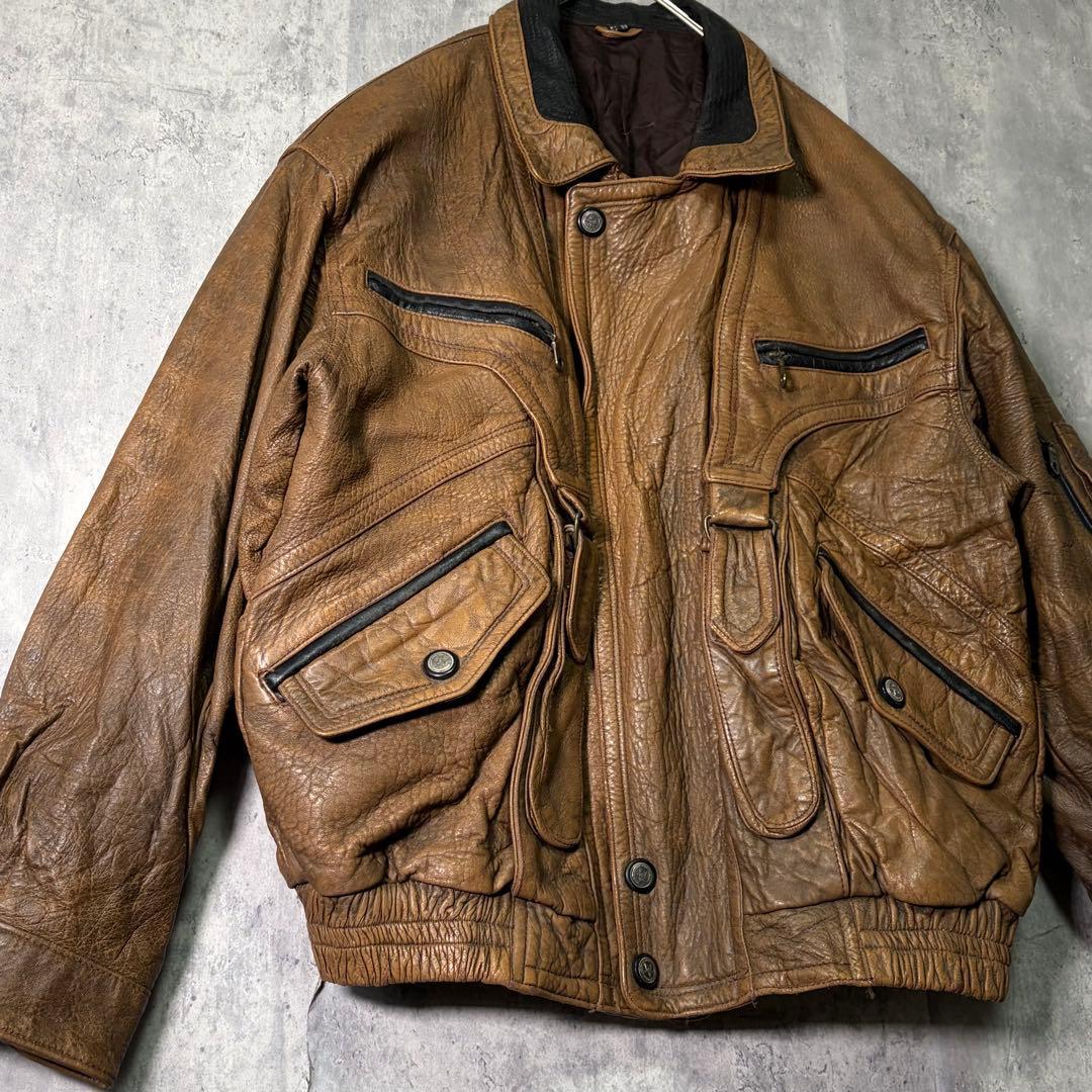 極上 ギミック 本革 レザージャケット ユーロヴィンテージ ツートン