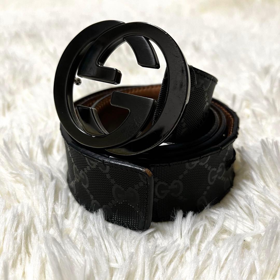 GUCCI インプリメ インターロッキング バックル ベルト GG レザー 黒
