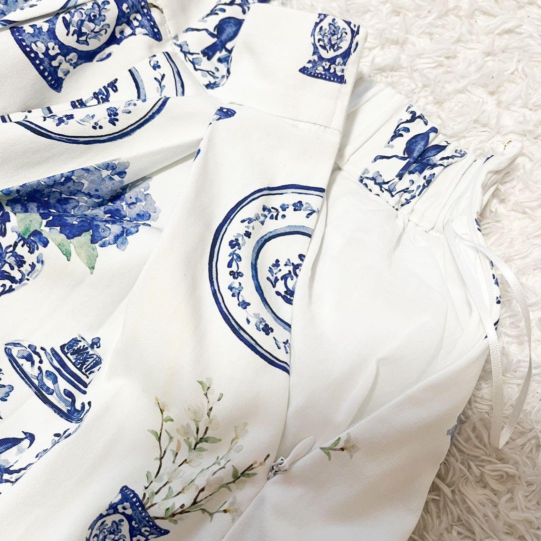 2023 セブンテン 陶器プリント 花柄スカート 陶器 水彩タッチブルー