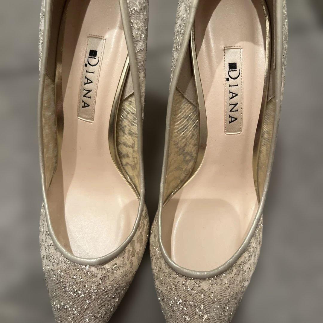 DIANA プラチナ グリッターチュールパンプス23.5cm ヒール9センチ